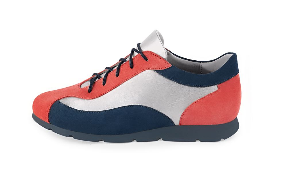 Coral orange, light silver and navy blue women's three-tone elegant sneakers. Round toe. Flat rubber soles. Profile view - Florence KOOIJMAN